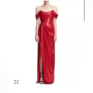 Marchesa Notte off the shoulder high slit gown